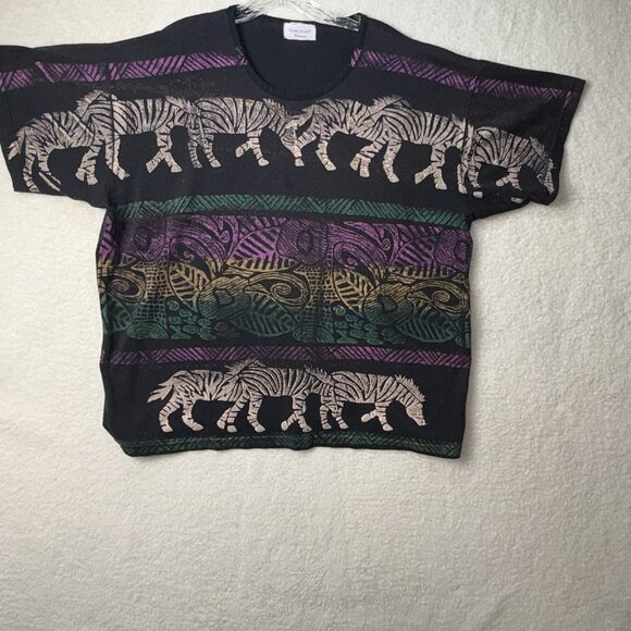 Vintage Bobbie Brooks Woman Zebra Tribal Animal Print Black T- Shirt Size 2XL - Picture 1 of 6